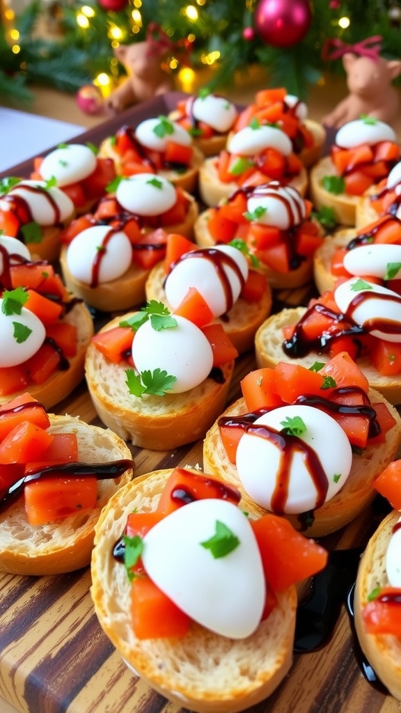 A colorful platter of bruschetta with tomatoes, basil, and mozzarella on toasted baguette slices, drizzled with balsamic glaze.